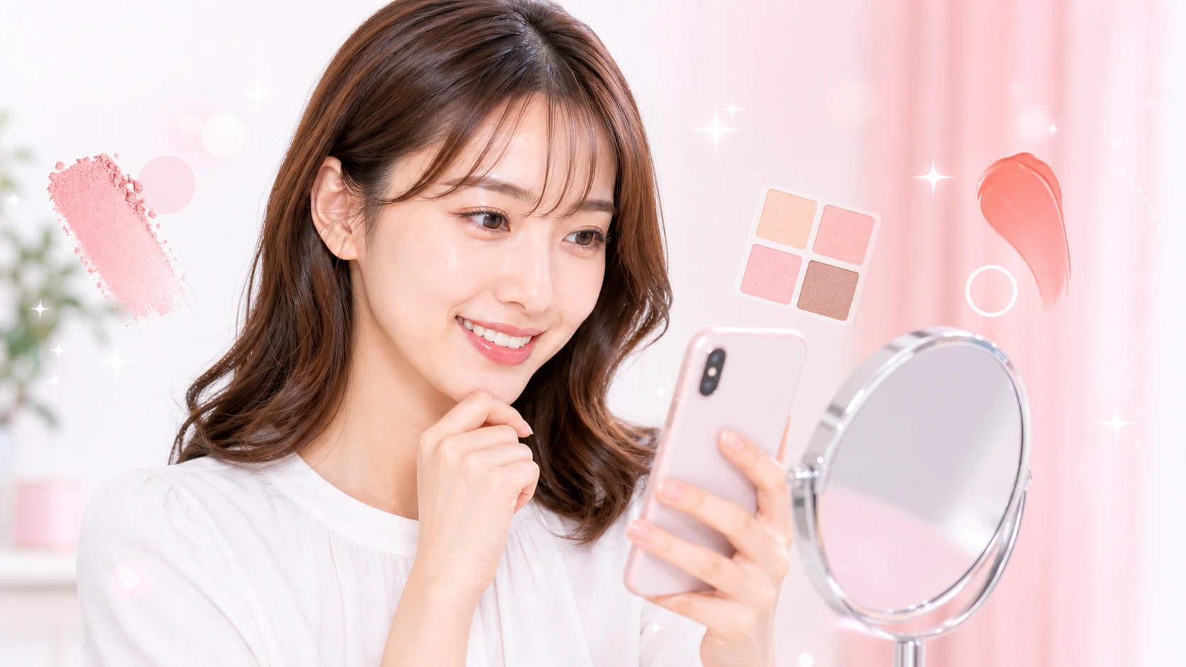 スマートフォンでバーチャルメイクを確認する女性