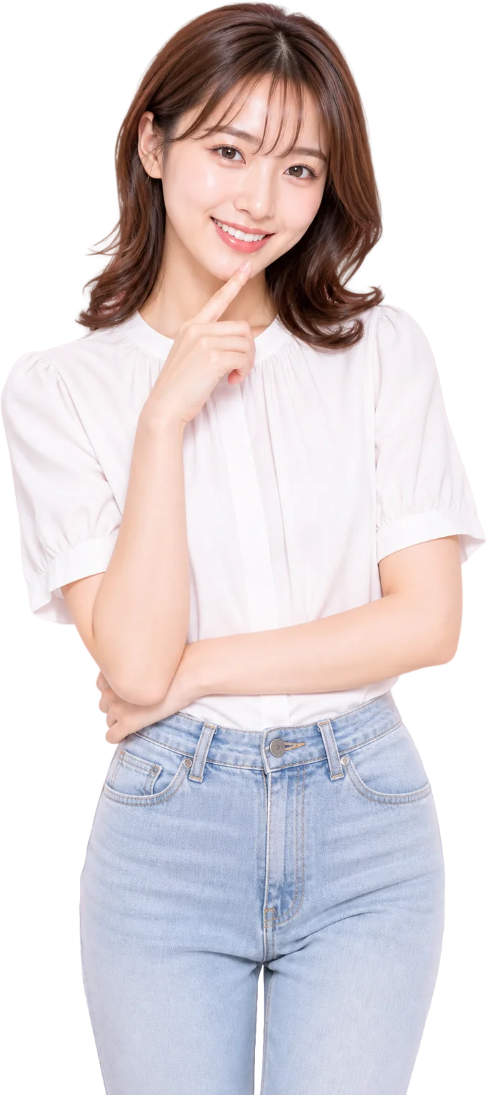 白いブラウスとデニム姿の明るいAI女性モデル